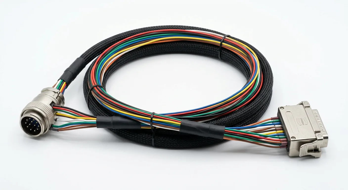 Custom multi-conductor cable assembly with coloured wires and connectors