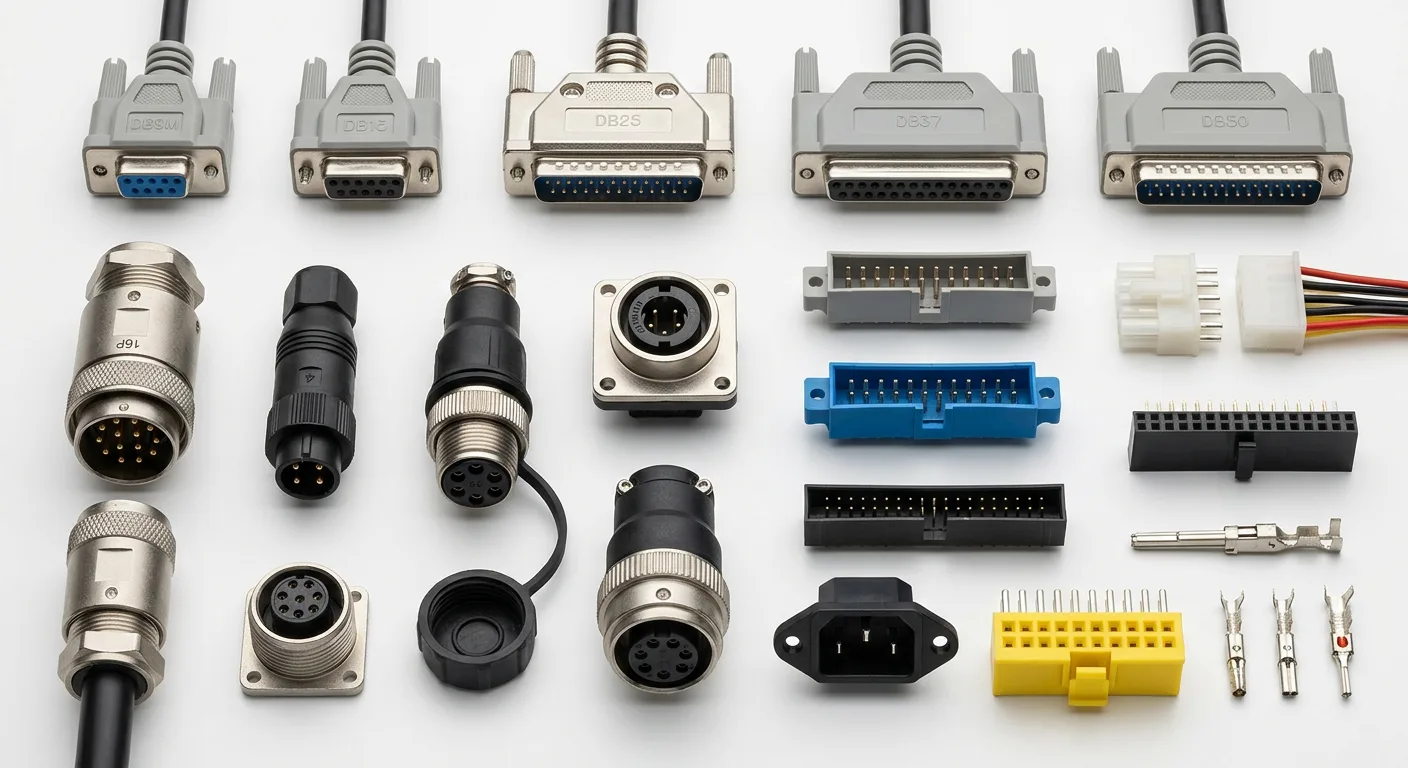 Assorted D-sub, circular and rectangular electrical connectors