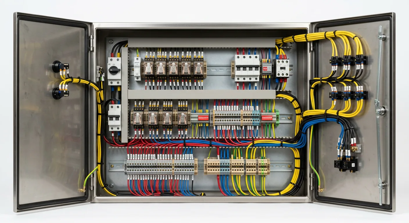 Industrial control panel with tidy wiring, relays and terminal strips