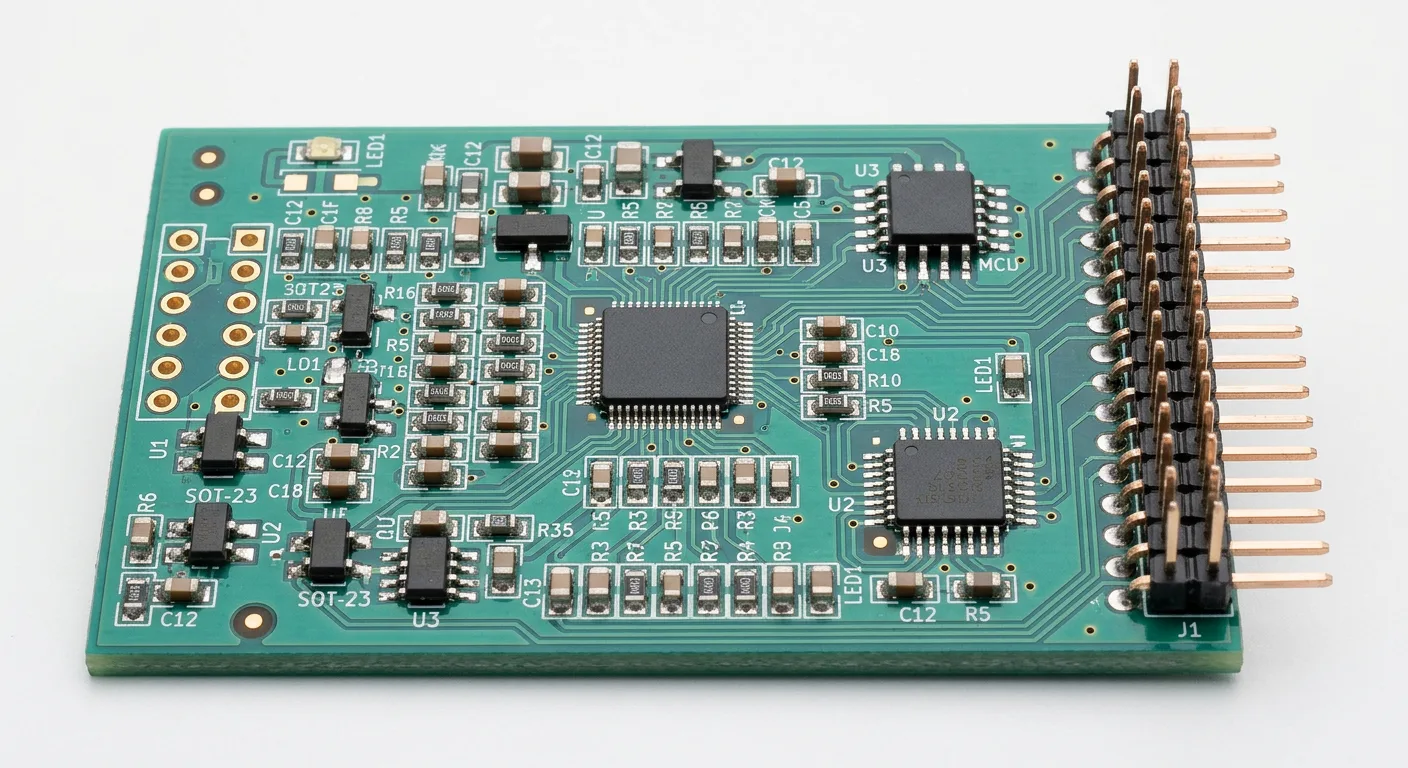 Printed circuit board assembly with components and a pin header