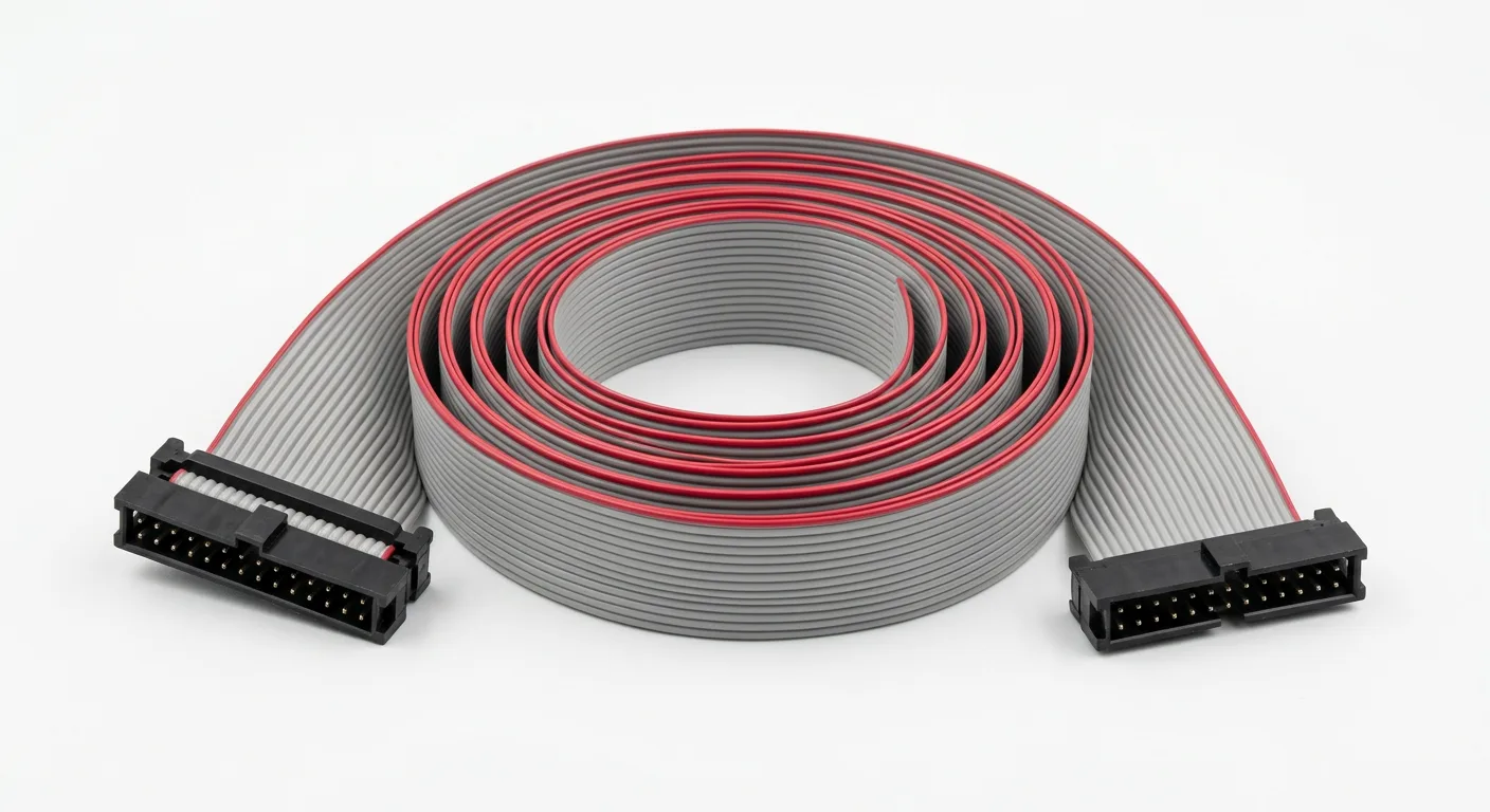 Flat ribbon cable with IDC connectors, neatly coiled