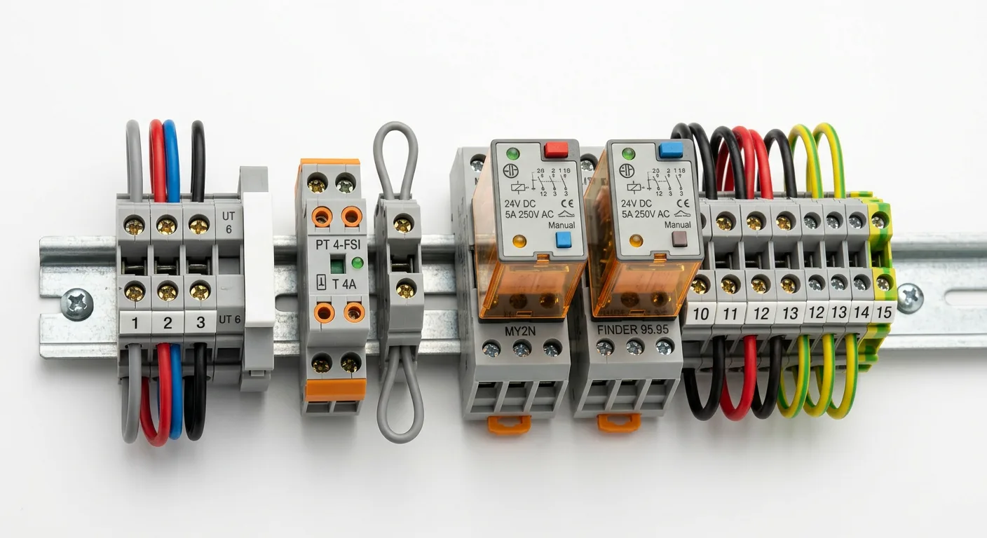 Industrial terminal blocks and relays mounted on a DIN rail
