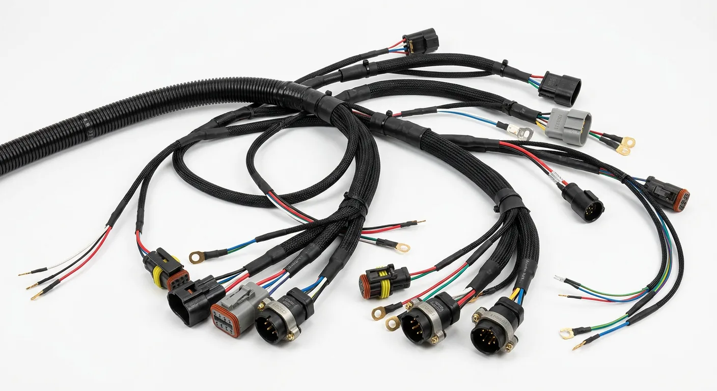 Branched electrical wire harness with multiple connectors and sleeving